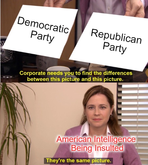 Puketastic Uniparty | Democratic 
Party; Republican
Party; American Intelligence 
Being Insulted | image tagged in memes,they're the same picture,democratic party,republican party,political representation,voting | made w/ Imgflip meme maker