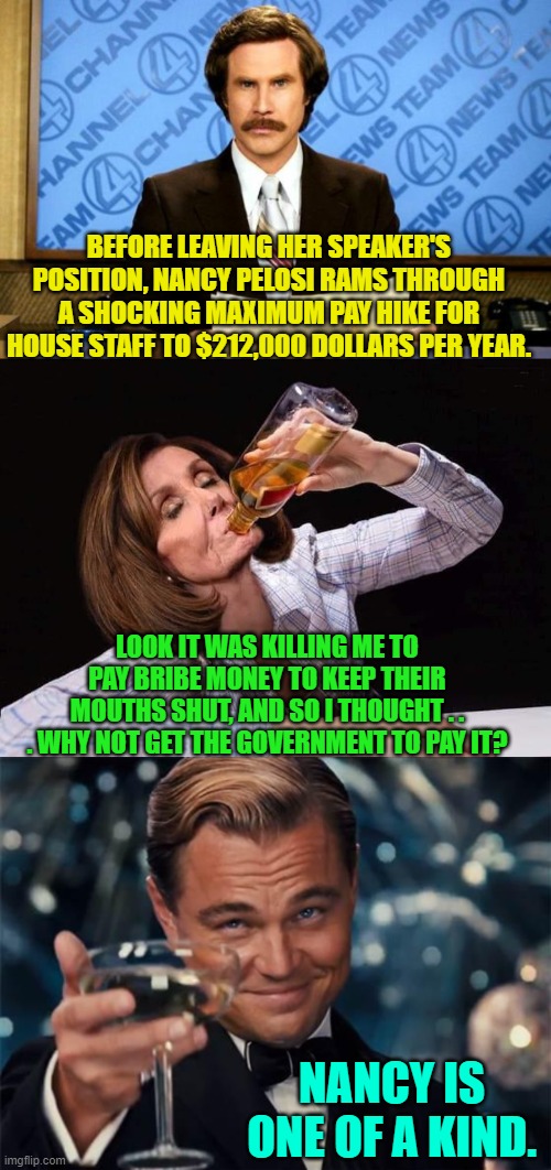 They didn't just 'break the mold' after corrupt Nancy's birth; they dynamited it. | BEFORE LEAVING HER SPEAKER'S POSITION, NANCY PELOSI RAMS THROUGH A SHOCKING MAXIMUM PAY HIKE FOR HOUSE STAFF TO $212,000 DOLLARS PER YEAR. LOOK IT WAS KILLING ME TO PAY BRIBE MONEY TO KEEP THEIR MOUTHS SHUT, AND SO I THOUGHT . . . WHY NOT GET THE GOVERNMENT TO PAY IT? NANCY IS ONE OF A KIND. | image tagged in nancy pelosi drunk | made w/ Imgflip meme maker