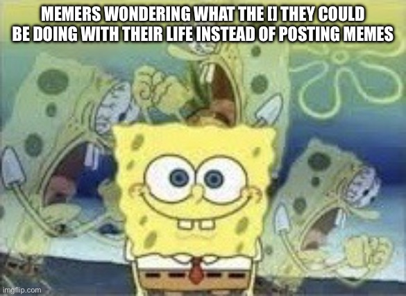 oh no | MEMERS WONDERING WHAT THE [] THEY COULD BE DOING WITH THEIR LIFE INSTEAD OF POSTING MEMES | image tagged in spongebob internal screaming | made w/ Imgflip meme maker