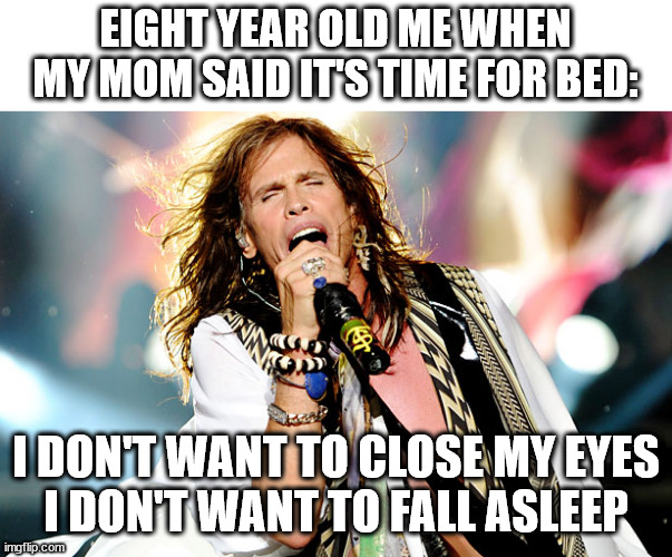 Steven Tyler | EIGHT YEAR OLD ME WHEN MY MOM SAID IT'S TIME FOR BED:; I DON'T WANT TO CLOSE MY EYES
I DON'T WANT TO FALL ASLEEP | image tagged in steven tyler | made w/ Imgflip meme maker