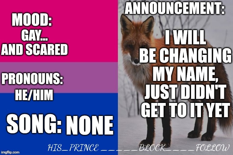 My new name will be His_prince | I WILL BE CHANGING MY NAME, JUST DIDN'T GET TO IT YET; GAY... AND SCARED; HE/HIM; NONE | image tagged in his_prince's announcement template | made w/ Imgflip meme maker