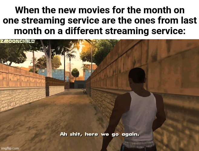Here we go again |  When the new movies for the month on
one streaming service are the ones from last
month on a different streaming service: | image tagged in here we go again,memes,streaming services,television,movies,reruns | made w/ Imgflip meme maker