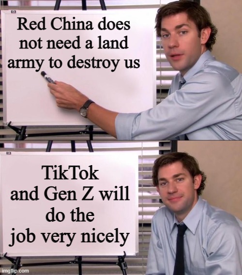 yep | Red China does not need a land army to destroy us; TikTok and Gen Z will do the job very nicely | image tagged in jim halpert explains | made w/ Imgflip meme maker