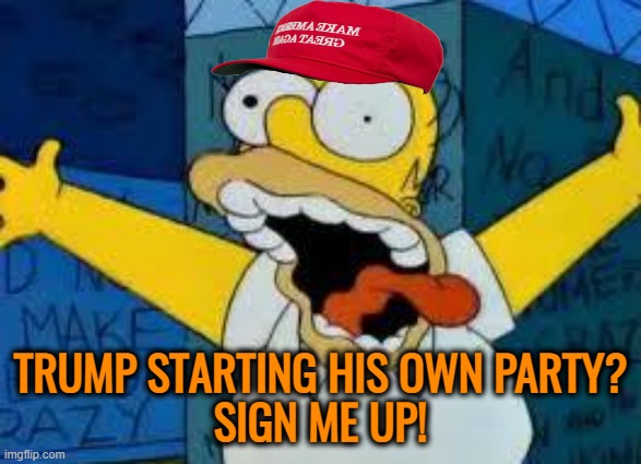 Homer Going Crazy | TRUMP STARTING HIS OWN PARTY?
SIGN ME UP! | image tagged in homer going crazy | made w/ Imgflip meme maker