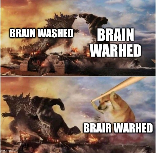 Kong Godzilla Doge | BRAIN WASHED BRAIN WARHED BRAIR WARHED | image tagged in kong godzilla doge | made w/ Imgflip meme maker