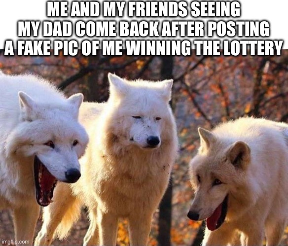 Laughing wolf | ME AND MY FRIENDS SEEING MY DAD COME BACK AFTER POSTING A FAKE PIC OF ME WINNING THE LOTTERY | image tagged in laughing wolf,memes,dad,friends,fine ill do it myself thanos | made w/ Imgflip meme maker