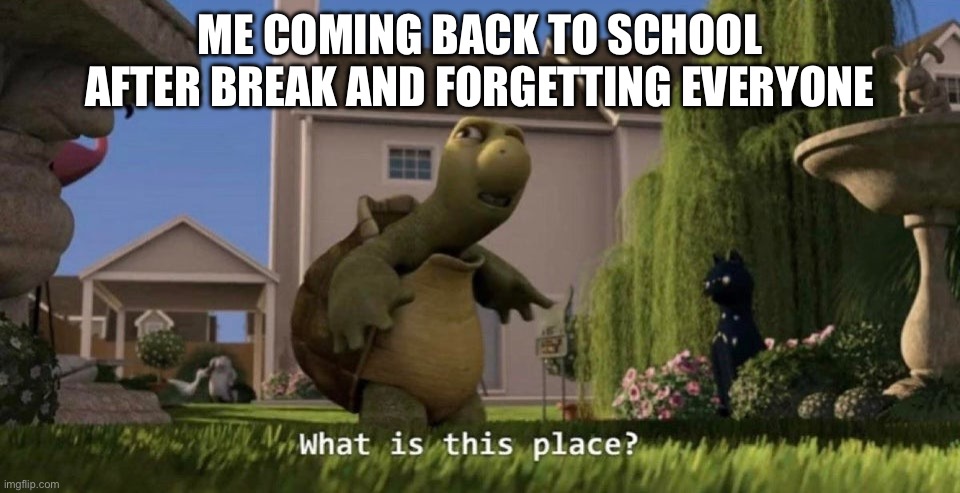 What is this place | ME COMING BACK TO SCHOOL AFTER BREAK AND FORGETTING EVERYONE | image tagged in what is this place,memes,original meme,school,winter | made w/ Imgflip meme maker