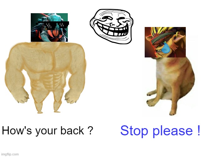 DOTA | How's your back? How's your back ? Stop please ! | image tagged in memes,buff doge vs cheems | made w/ Imgflip meme maker