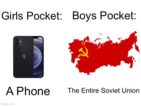 Girls Pocket vs. Boys Pocket | Boys Pocket:; Girls Pocket:; A Phone; The Entire Soviet Union | image tagged in girls vs boys,pocket,memes,funny,boys vs girls,fun | made w/ Imgflip meme maker