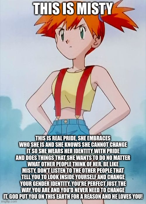 I'm just trying to spread a moral, please don't get me banned. | THIS IS MISTY; THIS IS REAL PRIDE, SHE EMBRACES WHO SHE IS AND SHE KNOWS SHE CANNOT CHANGE IT SO SHE WEARS HER IDENTITY WITH PRIDE AND DOES THINGS THAT SHE WANTS TO DO NO MATTER WHAT OTHER PEOPLE THINK OF HER. BE LIKE MISTY, DON'T LISTEN TO THE OTHER PEOPLE THAT TELL YOU TO LOOK INSIDE YOURSELF AND CHANGE YOUR GENDER IDENTITY. YOU'RE PERFECT JUST THE WAY YOU ARE AND YOU'D NEVER NEED TO CHANGE IT. GOD PUT YOU ON THIS EARTH FOR A REASON AND HE LOVES YOU! | image tagged in misty,you're perfect just the way you are | made w/ Imgflip meme maker