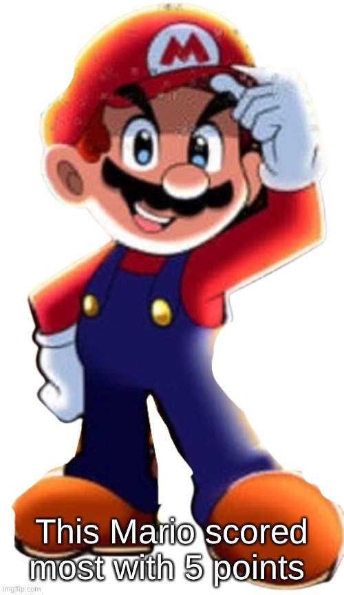 Cartoony Mario | This Mario scored most with 5 points | image tagged in cartoony mario | made w/ Imgflip meme maker