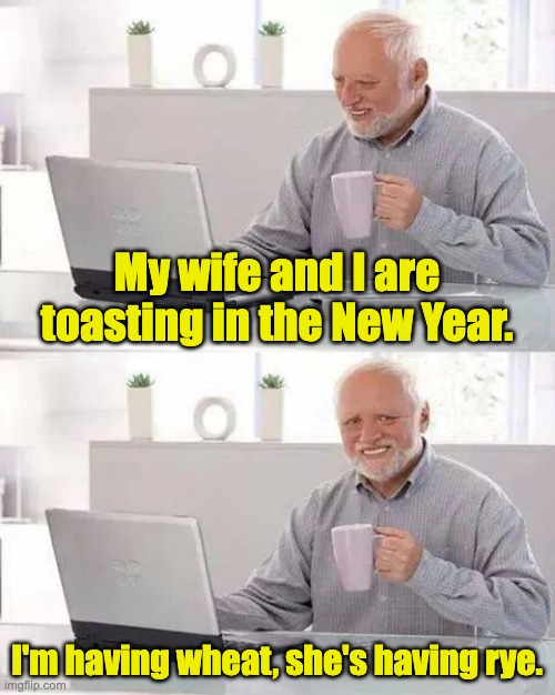 Happy New Year | My wife and I are toasting in the New Year. I'm having wheat, she's having rye. | image tagged in memes,hide the pain harold | made w/ Imgflip meme maker