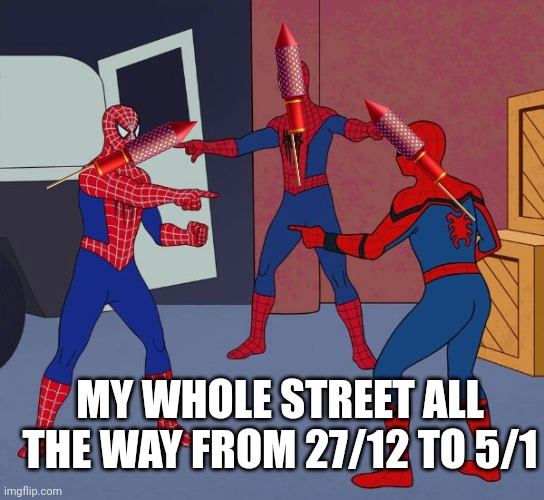 Tru doe | MY WHOLE STREET ALL THE WAY FROM 27/12 TO 5/1 | image tagged in spider man triple | made w/ Imgflip meme maker