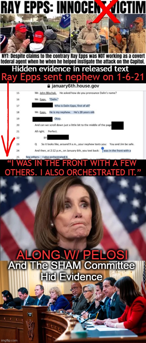 A Travesty of Justice ~~ January 6 | Hidden evidence in released text; Ray Epps sent nephew on 1-6-21; “I WAS IN THE FRONT WITH A FEW 
OTHERS. I ALSO ORCHESTRATED IT.”; ALONG W/ PELOSI; And The SHAM Committee 
Hid Evidence | image tagged in politics,jan 6,ray epps,nancy pelosi,sham select committee,travesty of justice | made w/ Imgflip meme maker