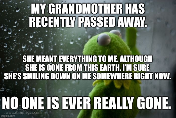Life happens, I guess. | MY GRANDMOTHER HAS RECENTLY PASSED AWAY. SHE MEANT EVERYTHING TO ME. ALTHOUGH SHE IS GONE FROM THIS EARTH, I’M SURE SHE’S SMILING DOWN ON ME SOMEWHERE RIGHT NOW. NO ONE IS EVER REALLY GONE. | image tagged in kermit window,sad | made w/ Imgflip meme maker