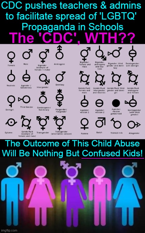 Centers for Destruction of Children (CDC) Partner with Perverted Progressives | CDC pushes teachers & admins 
to facilitate spread of 'LGBTQ' 
Propaganda in Schools; The 'CDC', WTH?? The Outcome of This Child Abuse
Will Be Nothing But Confused Kids! _____________ | image tagged in politics,cdc,perverts,partners in crime,propaganda,agenda | made w/ Imgflip meme maker