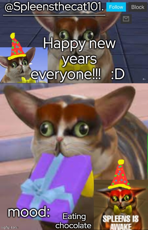 :D | Happy new years everyone!!!   :D; Eating chocolate | image tagged in spleensthecat101 | made w/ Imgflip meme maker