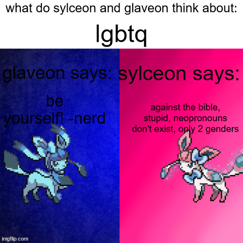 what do sylceon and glaveon think | lgbtq; be yourself! -nerd; against the bible, stupid, neopronouns don't exist, only 2 genders | image tagged in what do sylceon and glaveon think | made w/ Imgflip meme maker