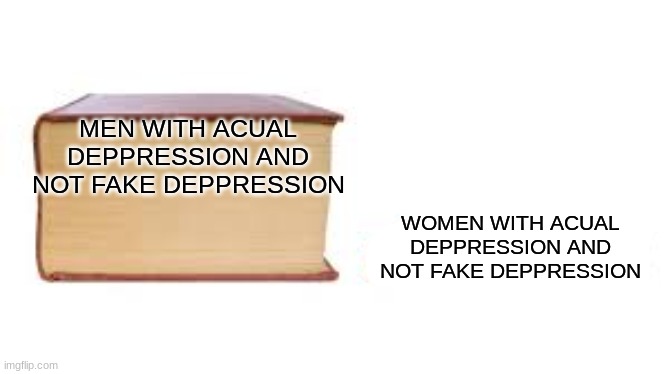 Big book small book | MEN WITH ACUAL DEPPRESSION AND NOT FAKE DEPPRESSION; WOMEN WITH ACUAL DEPPRESSION AND NOT FAKE DEPPRESSION | image tagged in big book small book | made w/ Imgflip meme maker