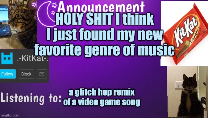 Kitty's announcment temp V3 | HOLY SHIT I think I just found my new favorite genre of music; a glitch hop remix of а video game song | image tagged in kitty's announcment temp v3 | made w/ Imgflip meme maker