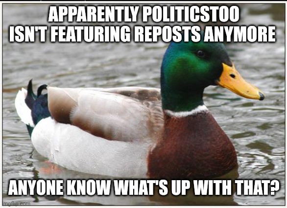 Actual Advice Mallard | APPARENTLY POLITICSTOO ISN'T FEATURING REPOSTS ANYMORE; ANYONE KNOW WHAT'S UP WITH THAT? | image tagged in memes,actual advice mallard | made w/ Imgflip meme maker