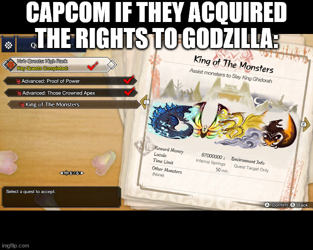 CAPCOM IF THEY ACQUIRED THE RIGHTS TO GODZILLA: | image tagged in godzilla,monster hunter | made w/ Imgflip meme maker