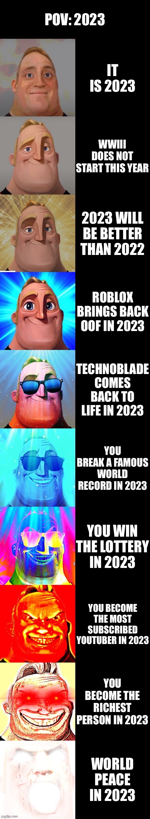 Most of these could happen-we never know |  POV: 2023; IT IS 2023; WWIII DOES NOT START THIS YEAR; 2023 WILL BE BETTER THAN 2022; ROBLOX BRINGS BACK OOF IN 2023; TECHNOBLADE COMES BACK TO LIFE IN 2023; YOU BREAK A FAMOUS WORLD RECORD IN 2023; YOU WIN THE LOTTERY IN 2023; YOU BECOME THE MOST SUBSCRIBED YOUTUBER IN 2023; YOU BECOME THE RICHEST PERSON IN 2023; WORLD PEACE IN 2023 | image tagged in mr incredible becoming canny | made w/ Imgflip meme maker