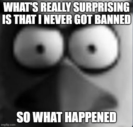chuckpost | WHAT'S REALLY SURPRISING IS THAT I NEVER GOT BANNED; SO WHAT HAPPENED | image tagged in chuckpost | made w/ Imgflip meme maker