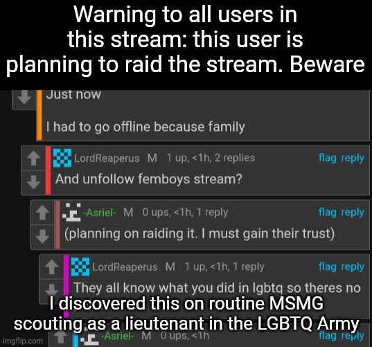 Warning to all users in this stream: this user is planning to raid the stream. Beware; I discovered this on routine MSMG scouting as a lieutenant in the LGBTQ Army | made w/ Imgflip meme maker