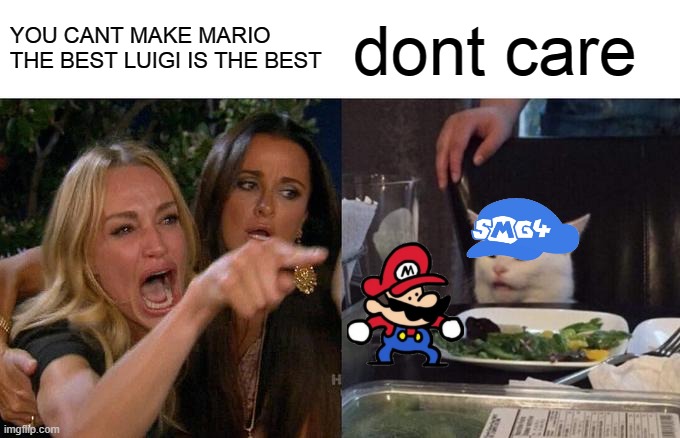 Woman Yelling At Cat Meme | YOU CANT MAKE MARIO THE BEST LUIGI IS THE BEST; dont care | image tagged in memes,woman yelling at cat | made w/ Imgflip meme maker