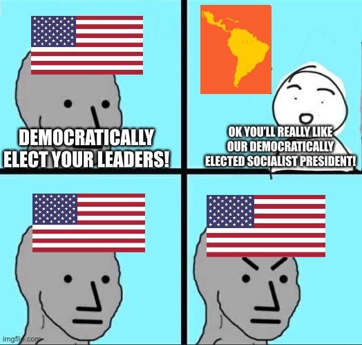 NPC Meme | OK YOU’LL REALLY LIKE OUR DEMOCRATICALLY ELECTED SOCIALIST PRESIDENT! DEMOCRATICALLY ELECT YOUR LEADERS! | image tagged in npc meme | made w/ Imgflip meme maker