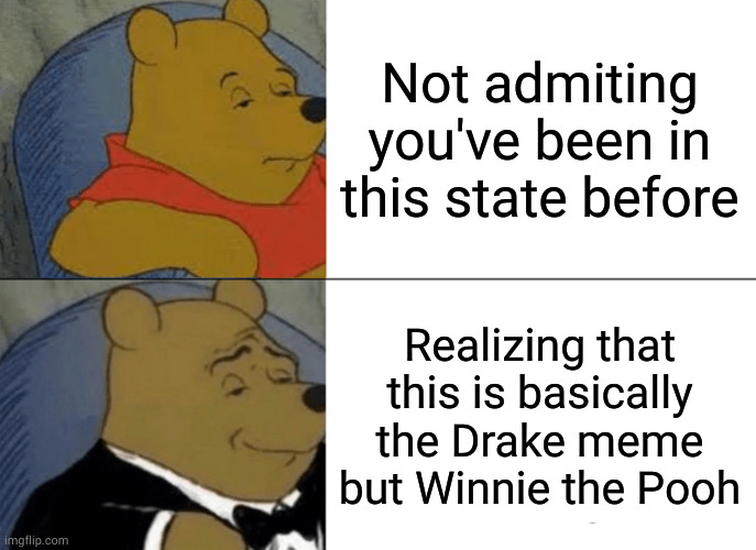 The Most RANDOM Meme Ever! | Not admiting you've been in this state before; Realizing that this is basically the Drake meme but Winnie the Pooh | image tagged in memes,tuxedo winnie the pooh | made w/ Imgflip meme maker