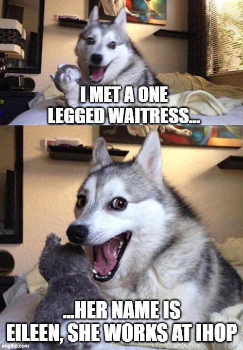 bad pun dog 2 | I MET A ONE LEGGED WAITRESS... ...HER NAME IS EILEEN, SHE WORKS AT IHOP | image tagged in bad pun dog 2 | made w/ Imgflip meme maker