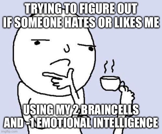 just tell me lol |  TRYING TO FIGURE OUT IF SOMEONE HATES OR LIKES ME; USING MY 2 BRAINCELLS AND -1 EMOTIONAL INTELLIGENCE | image tagged in thinking meme,memes,meme,relatable,thinking,idk | made w/ Imgflip meme maker