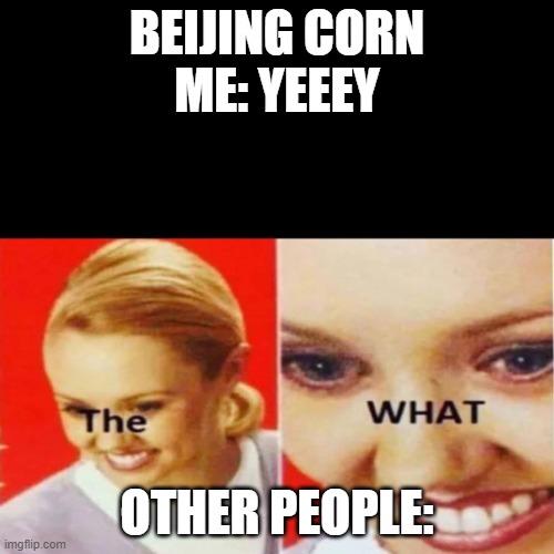 Steven He meme | BEIJING CORN
ME: YEEEY; OTHER PEOPLE: | image tagged in the what | made w/ Imgflip meme maker