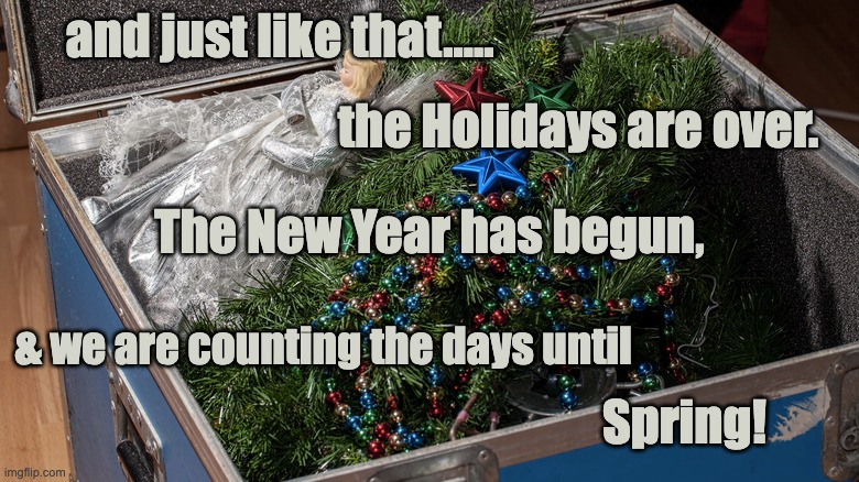 Holidays are over | and just like that..... the Holidays are over. The New Year has begun, & we are counting the days until; Spring! | image tagged in holidays,done,spring,2023 | made w/ Imgflip meme maker