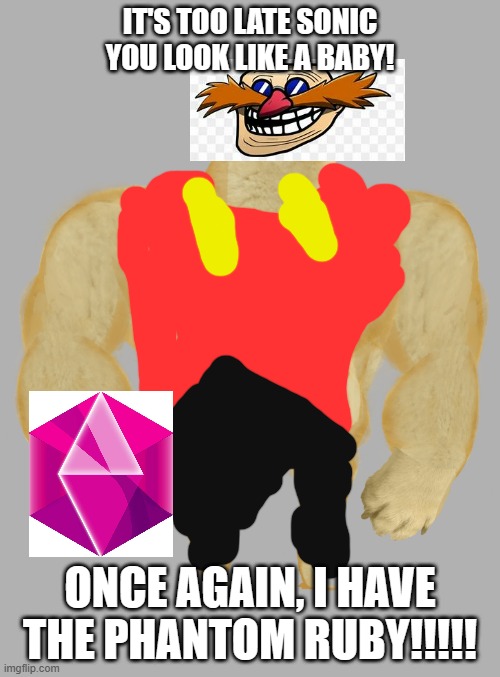 Eggman Ne- | IT'S TOO LATE SONIC
YOU LOOK LIKE A BABY! ONCE AGAIN, I HAVE THE PHANTOM RUBY!!!!! | image tagged in swole doge | made w/ Imgflip meme maker