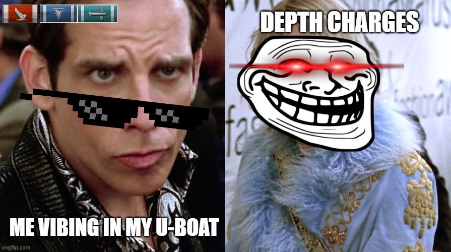 World of warships meme | DEPTH CHARGES; ME VIBING IN MY U-BOAT | image tagged in zoolander staring | made w/ Imgflip meme maker