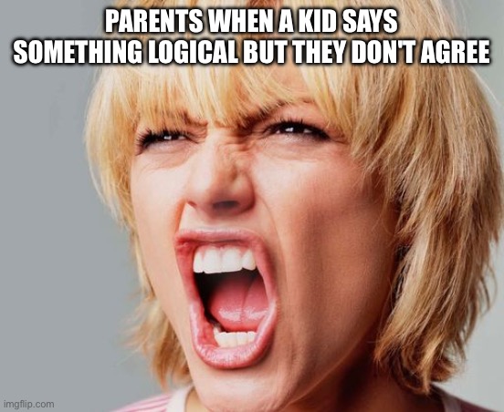 super angry karen | PARENTS WHEN A KID SAYS SOMETHING LOGICAL BUT THEY DON'T AGREE | image tagged in super angry karen | made w/ Imgflip meme maker