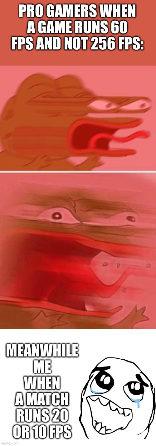 PRO GAMERS WHEN A GAME RUNS 60 FPS AND NOT 256 FPS:; MEANWHILE
ME WHEN A MATCH RUNS 20 OR 10 FPS | image tagged in gamers,online gaming,games,fps,lag | made w/ Imgflip meme maker