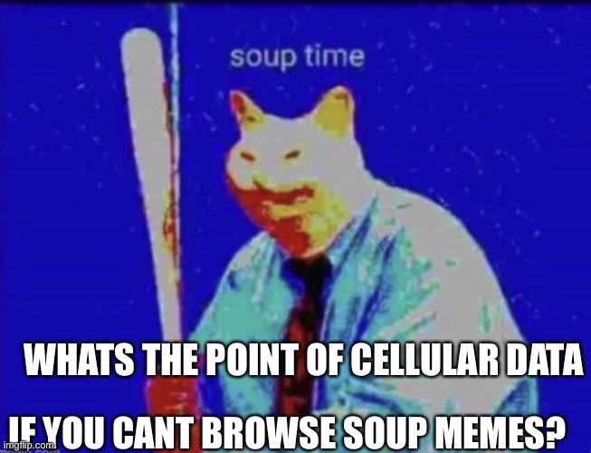 Soup time | WHATS THE POINT OF CELLULAR DATA; IF YOU CANT BROWSE SOUP MEMES? | image tagged in soup time | made w/ Imgflip meme maker