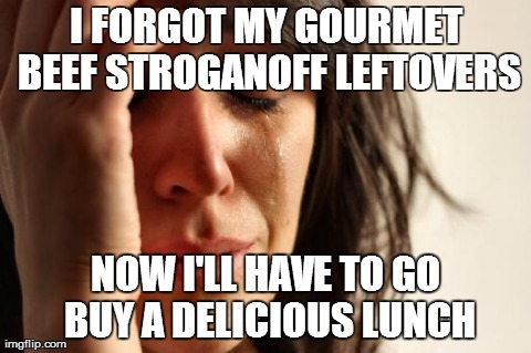 First World Problems Meme | I FORGOT MY GOURMET BEEF STROGANOFF LEFTOVERS NOW I'LL HAVE TO GO BUY A DELICIOUS LUNCH | image tagged in memes,first world problems,AdviceAnimals | made w/ Imgflip meme maker