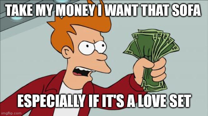 Shut up and take my money I want that love seat | TAKE MY MONEY I WANT THAT SOFA; ESPECIALLY IF IT'S A LOVE SET | image tagged in memes,shut up and take my money fry,funny meme | made w/ Imgflip meme maker