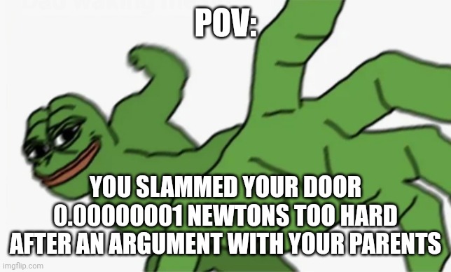 R U N | POV:; YOU SLAMMED YOUR DOOR 0.00000001 NEWTONS TOO HARD AFTER AN ARGUMENT WITH YOUR PARENTS | image tagged in pepe punch | made w/ Imgflip meme maker