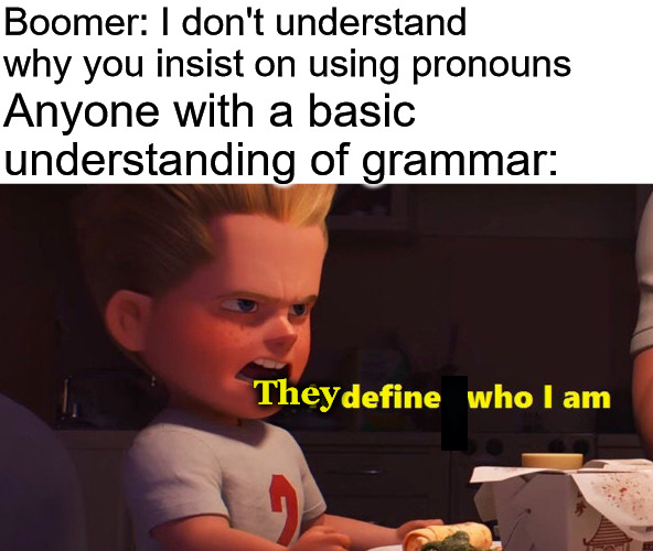 It defines who I am | Boomer: I don't understand why you insist on using pronouns; Anyone with a basic understanding of grammar:; They | image tagged in it defines who i am,boomer,pronouns,grammar | made w/ Imgflip meme maker