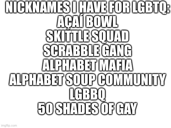 i can’t think of any others | NICKNAMES I HAVE FOR LGBTQ:
AÇAÍ BOWL
SKITTLE SQUAD
SCRABBLE GANG
ALPHABET MAFIA
ALPHABET SOUP COMMUNITY
LGBBQ
50 SHADES OF GAY | made w/ Imgflip meme maker