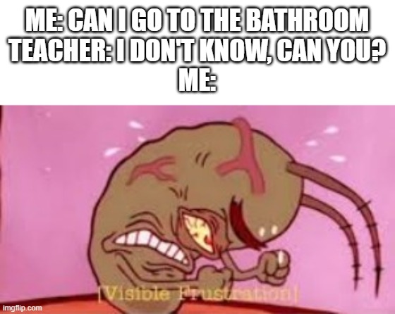 funny | ME: CAN I GO TO THE BATHROOM
TEACHER: I DON'T KNOW, CAN YOU?
ME: | image tagged in visible frustration | made w/ Imgflip meme maker