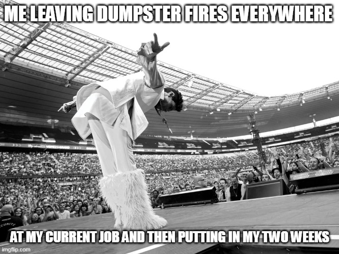 Me leaving dumpster fires everywhere at my current job and then putting in my two weeks | ME LEAVING DUMPSTER FIRES EVERYWHERE; AT MY CURRENT JOB AND THEN PUTTING IN MY TWO WEEKS | image tagged in pissing off everyone,work,funny,quit,dumpster fire,job | made w/ Imgflip meme maker