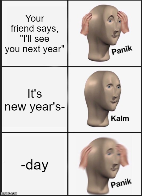 Habby new yearsss | Your friend says, "I'll see you next year"; It's new year's-; -day | image tagged in memes,panik kalm panik | made w/ Imgflip meme maker