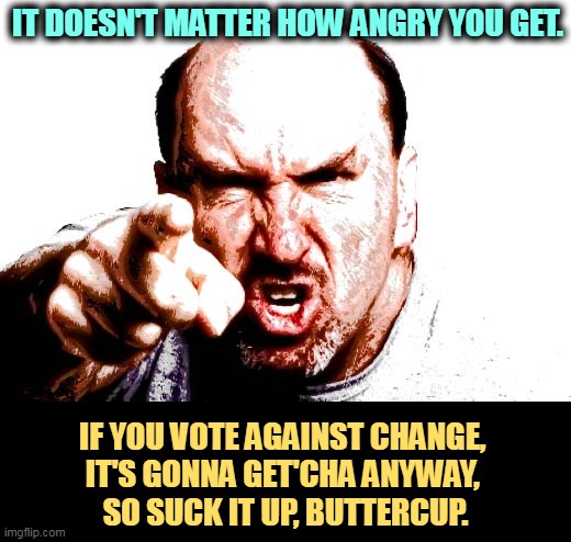 Change is not a conspiracy, it's life itself. | IT DOESN'T MATTER HOW ANGRY YOU GET. IF YOU VOTE AGAINST CHANGE, 
IT'S GONNA GET'CHA ANYWAY, 
SO SUCK IT UP, BUTTERCUP. | image tagged in change,anger,i am inevitable,resistance,futile,conspiracy | made w/ Imgflip meme maker